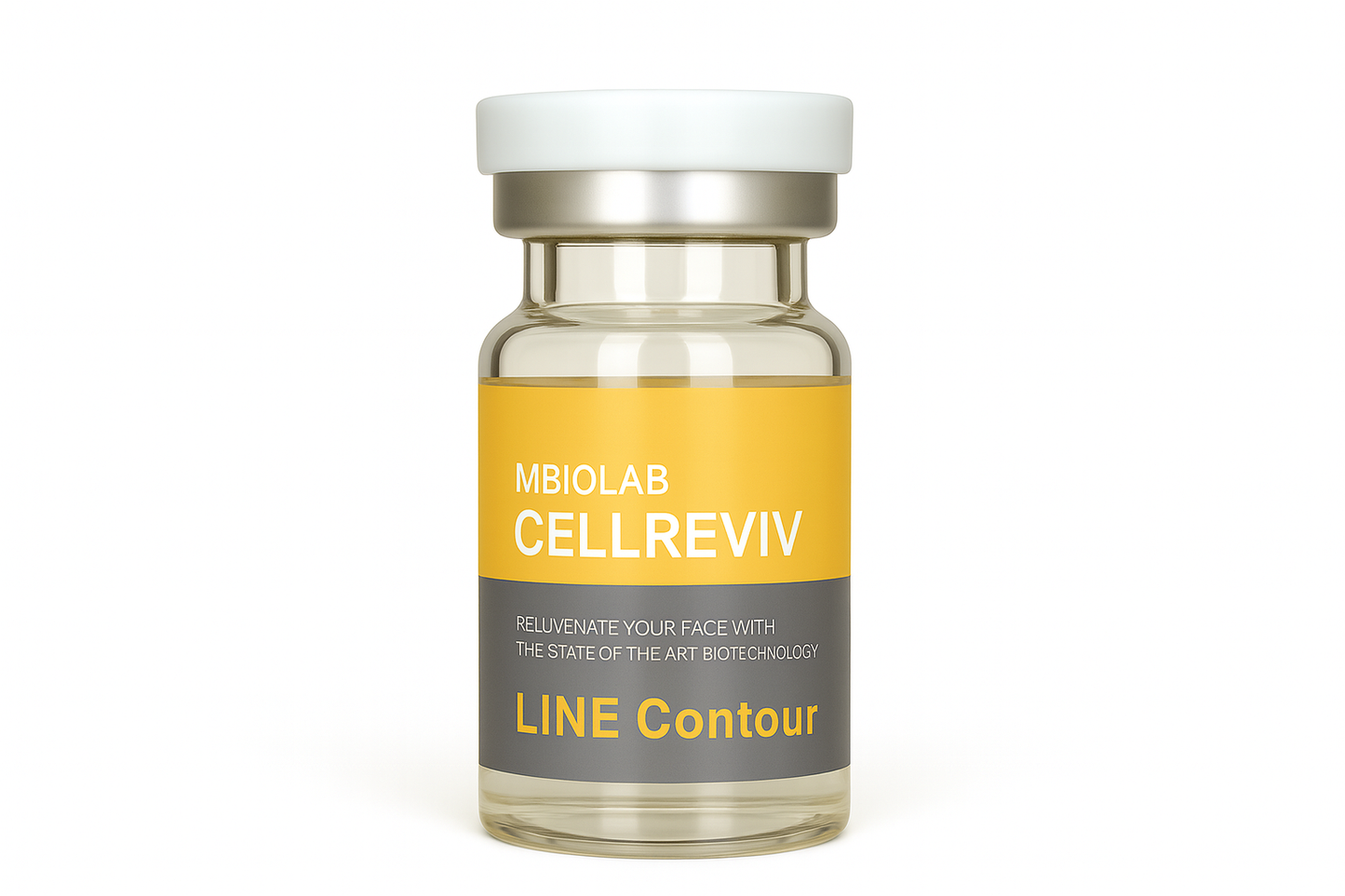 Vials of Cellreviv LINE CONTOUR by YOUNG&BEAUTY, 10ml, with clear glass vials and labels, on a white background.