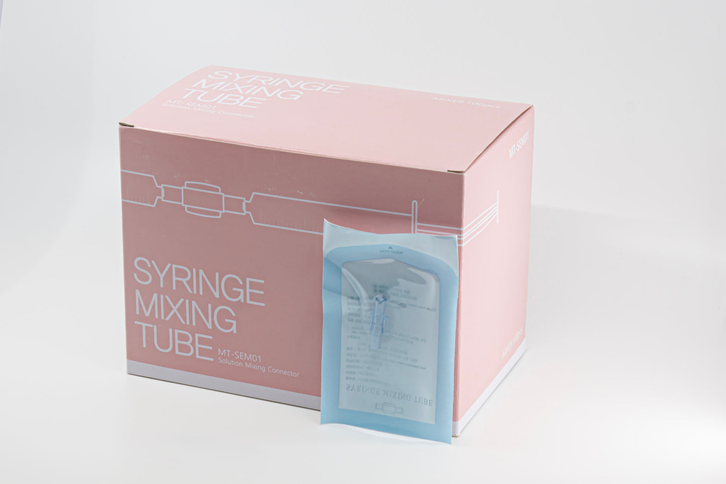 Two-way syringe mixing tubes from My Store, 100-piece box, used for precise medical or laboratory fluid mixing.