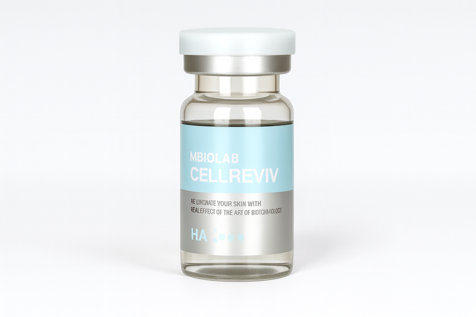 YOUNG&BEAUTY Cellreviv HA Glow vials in a clear box, showcasing five 5.0ml vials with a glowing serum inside.