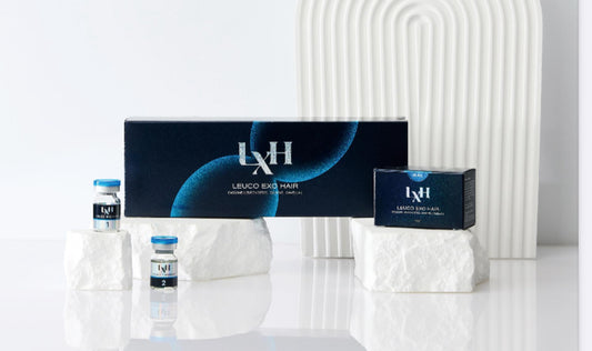 Leuco Exo Hair vials by YOUNG&BEAUTY in a set of 10, showcasing sleek packaging and clear labeling.