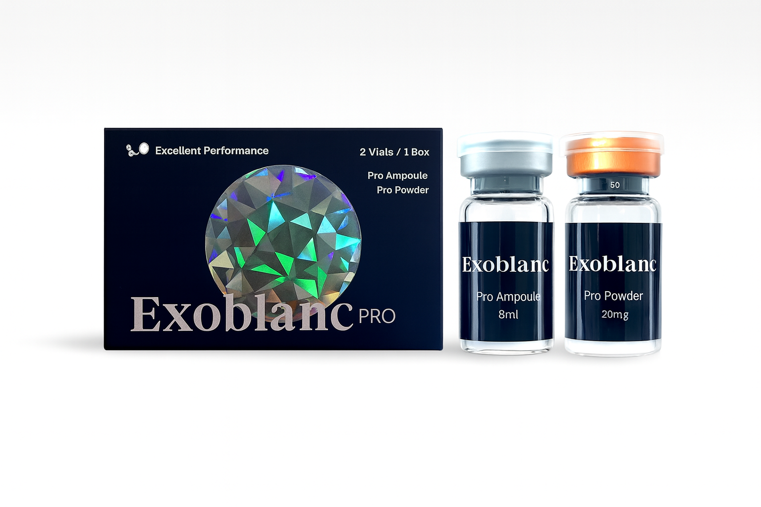 YOUNG&BEAUTY Exoblanc PRO set of 4 boxes, each containing 8 vials for skincare treatment.