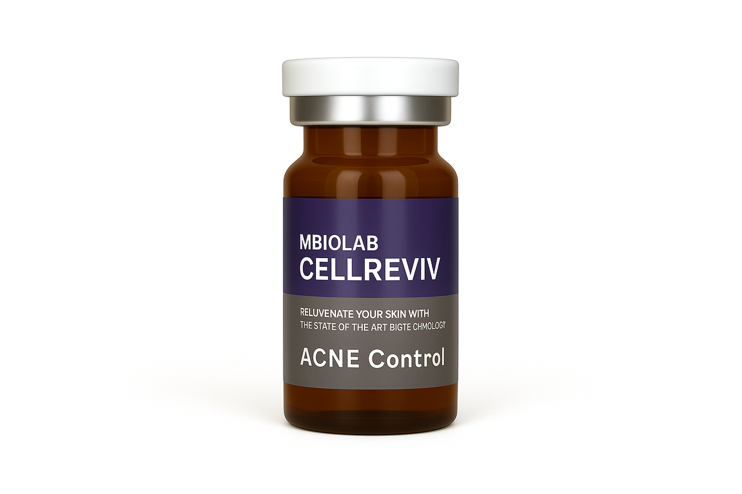 YOUNG&BEAUTY Cellreviv ACNE treatment vials with clear liquid in five small glass containers.