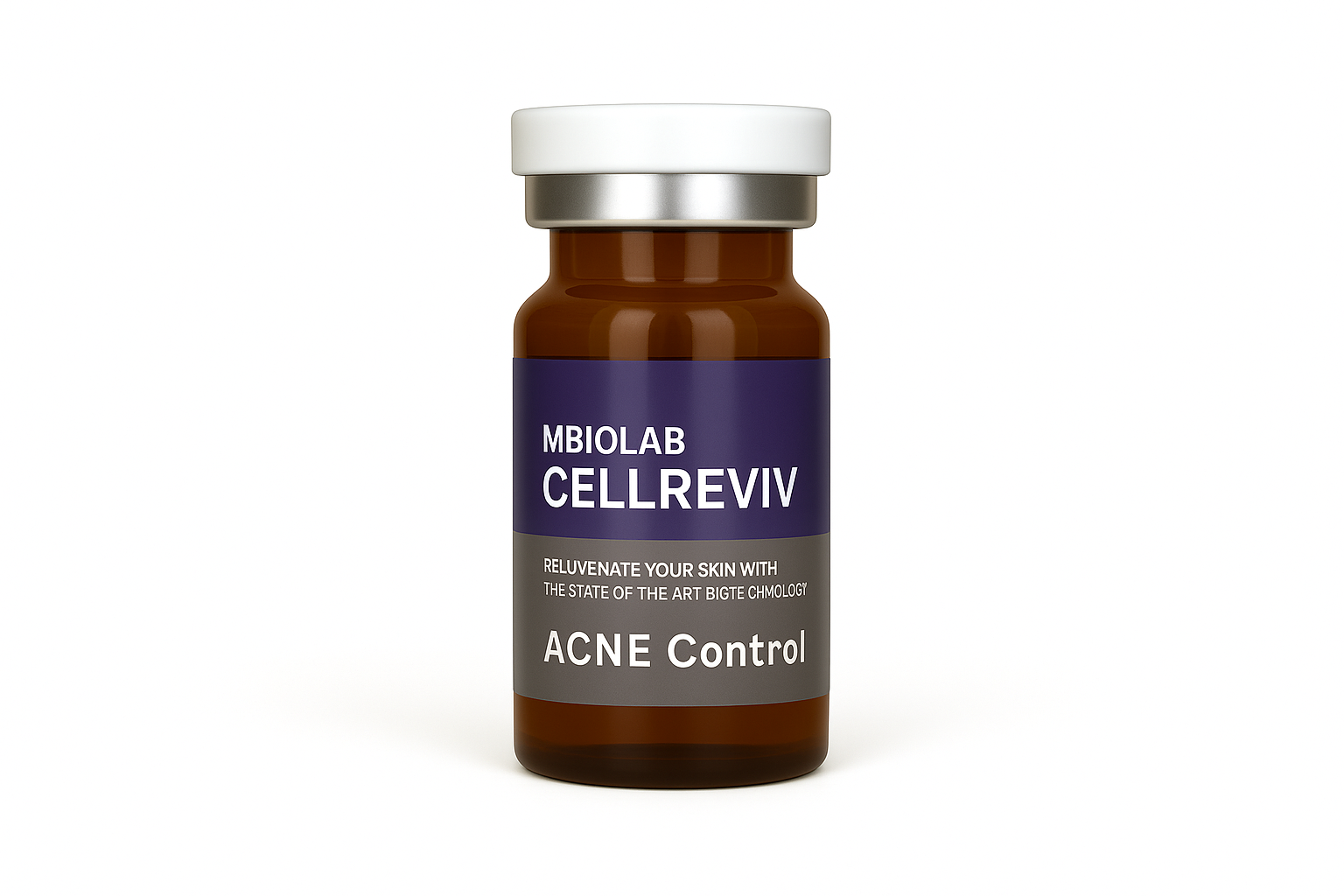 YOUNG&BEAUTY Cellreviv ACNE treatment vials with clear liquid in five small glass containers.