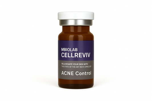 YOUNG&BEAUTY Cellreviv ACNE treatment vials with clear liquid in five small glass containers.