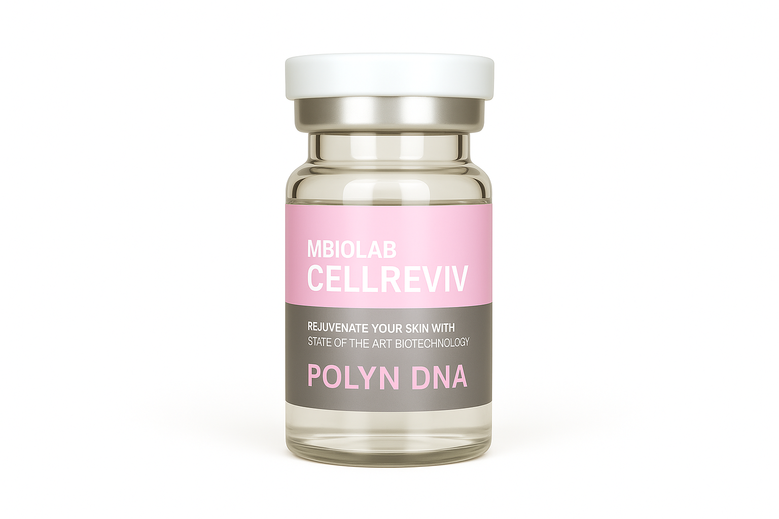 YOUNG&BEAUTY Cellreviv PDRN DNA vials with clear liquid in five 5ml glass containers on a white background.