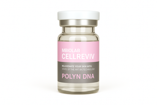 YOUNG&BEAUTY Cellreviv PDRN DNA vials with clear liquid in five 5ml glass containers on a white background.