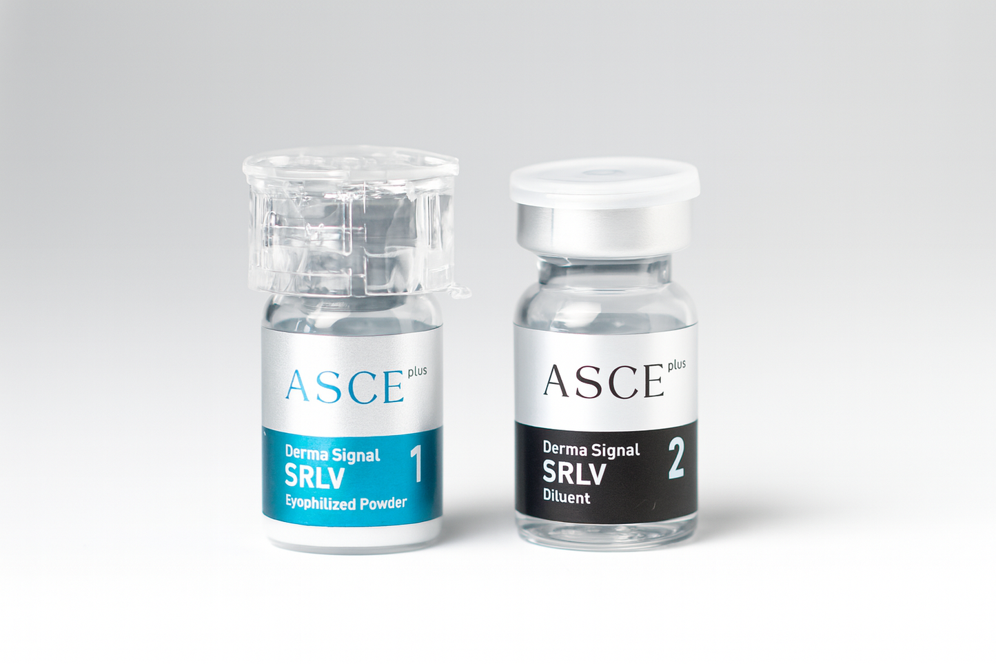 YOUNG&BEAUTY ASCE+ SRLV skin treatment set with two vials in a clear display on a white background.