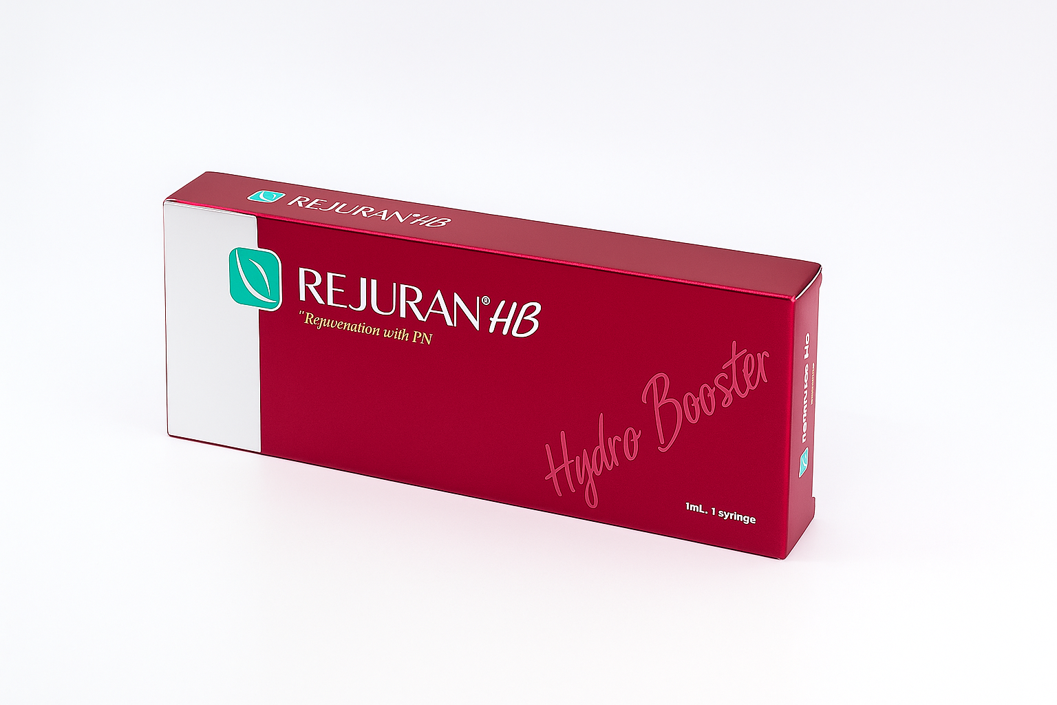 REJURAN HB 1ml syringe featuring clear liquid, designed for skin rejuvenation and hydration.