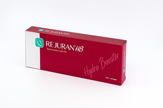 REJURAN HB 1ml syringe featuring clear liquid, designed for skin rejuvenation and hydration.