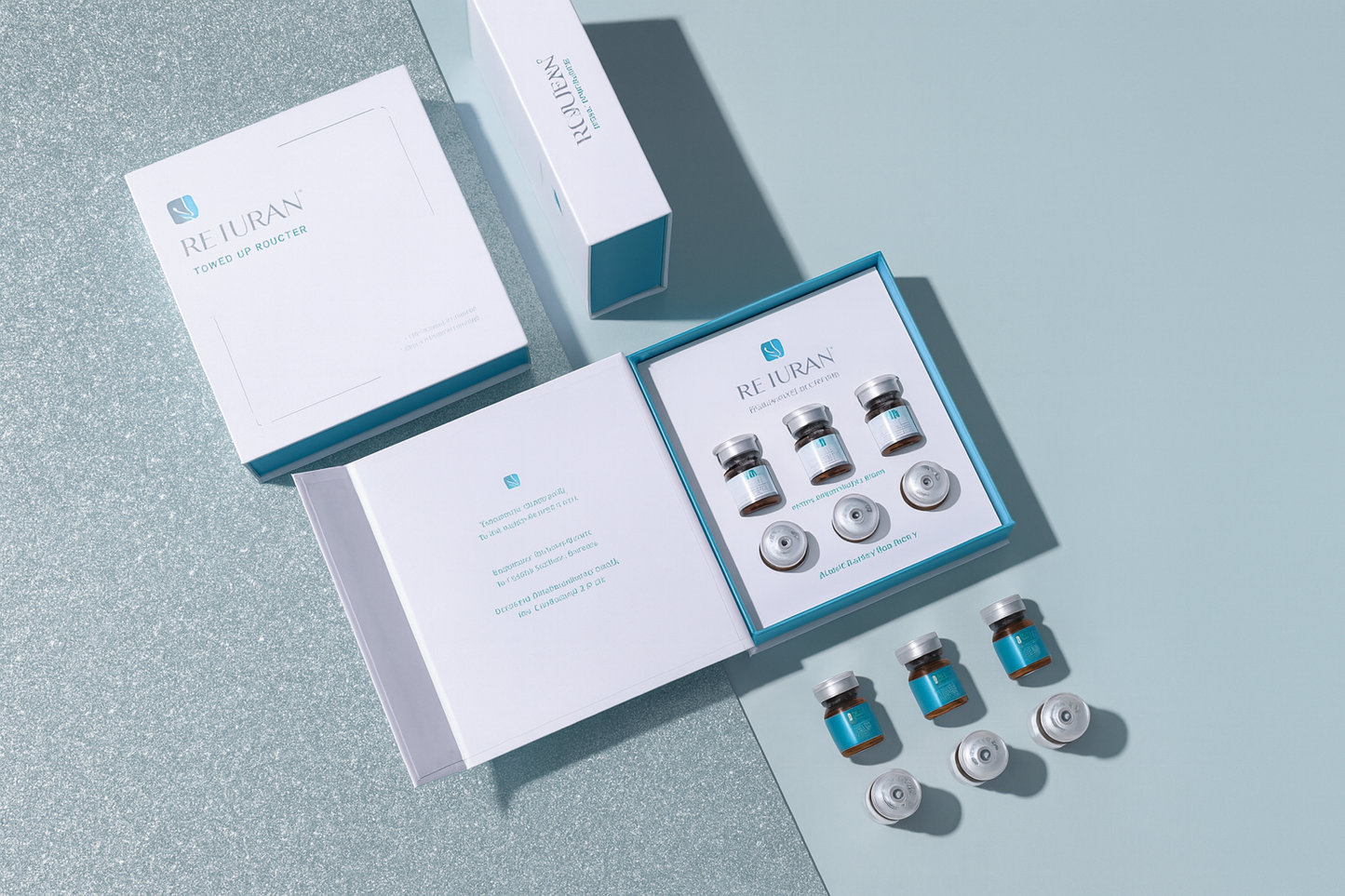 YOUNG&BEAUTY Rejuran tone up booster set with three boxes and six vials for skin brightening treatment.