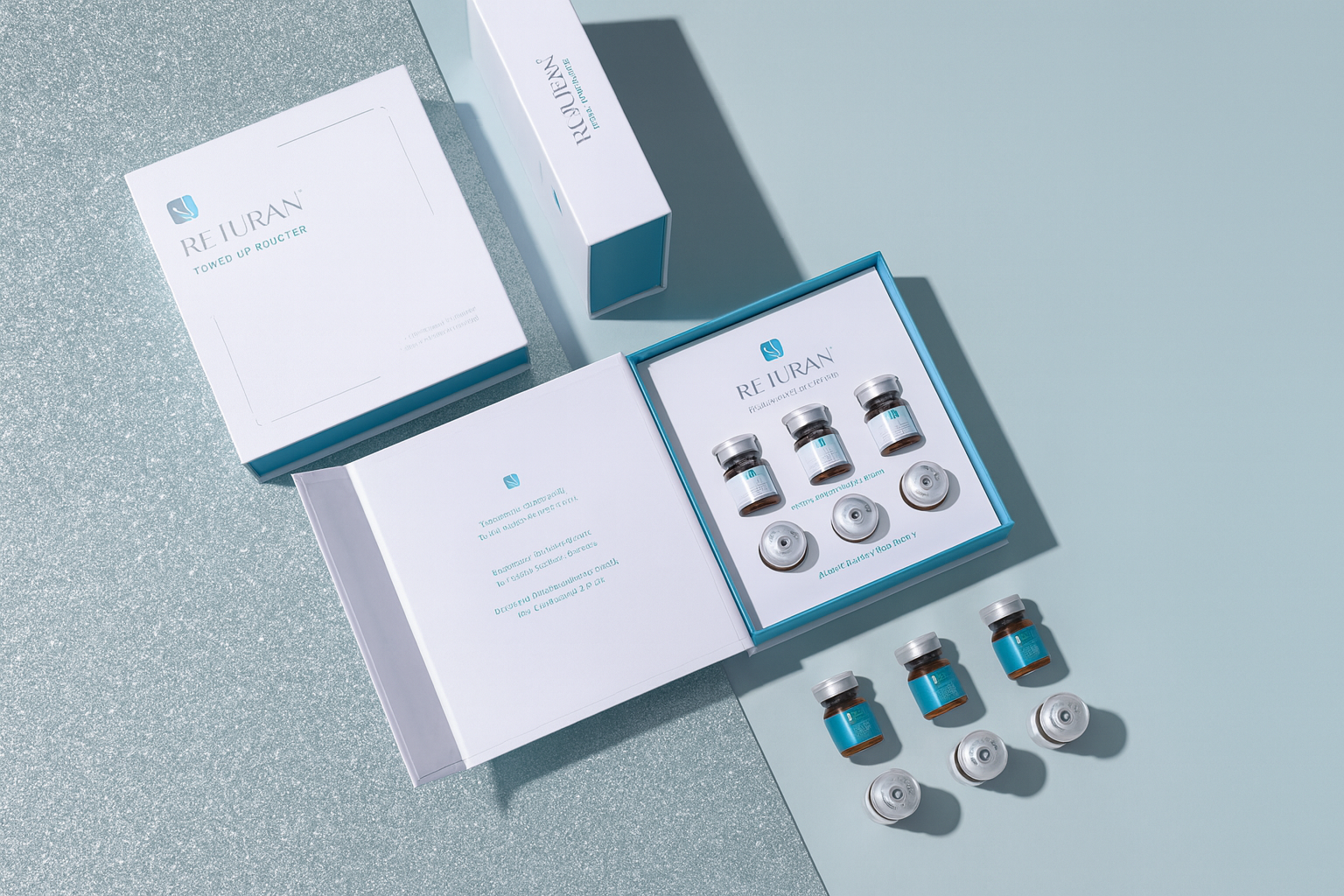 YOUNG&BEAUTY Rejuran tone up booster set with three boxes and six vials for skin brightening treatment.